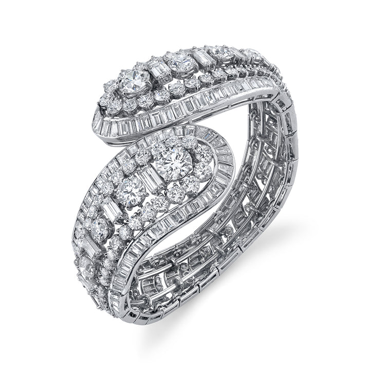 Baguette, Round, & Emerald Cut Diamond Bangle Bracelet