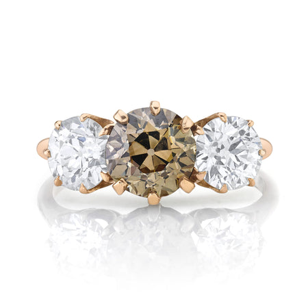 Antique Brown & White Old European-Cut Diamond, 14K Yellow Gold Three Stone Ring