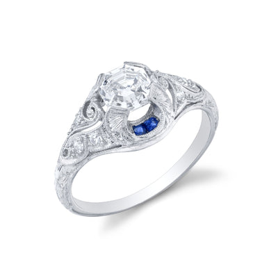 Art Deco Asscher-Cut Diamond, Sapphire, Platinum Ring