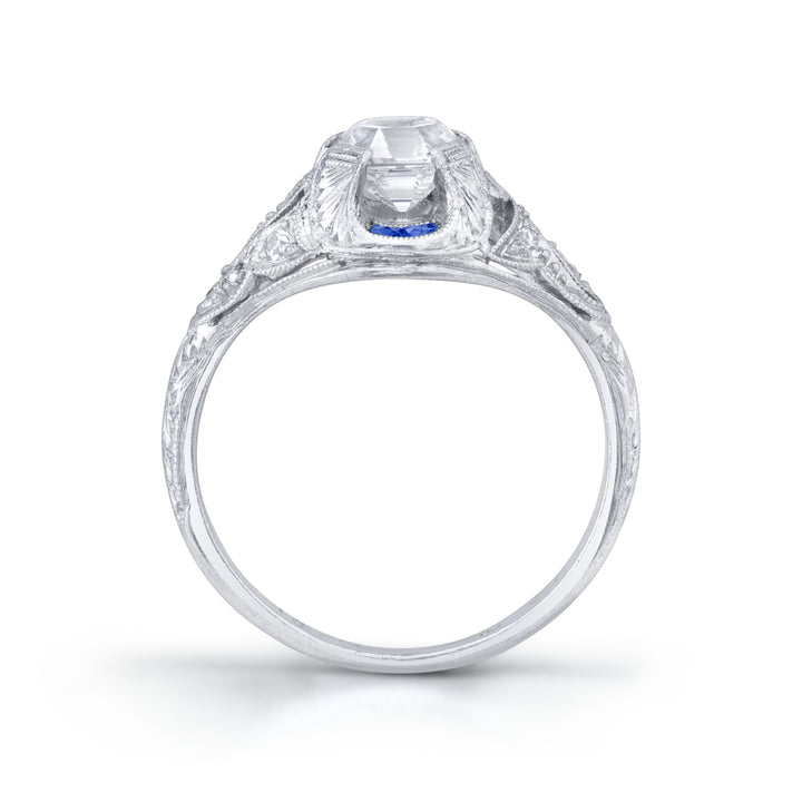 Art Deco Asscher-Cut Diamond, Sapphire, Platinum Ring
